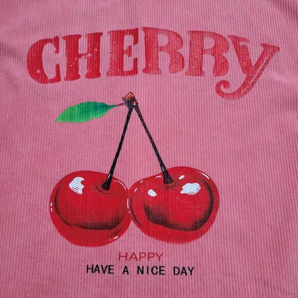 SHEIN Cherry Graphic Long Sleeve Corduroy Top Pink Pullover Drop Shoulder Small - Picture 4 of 8